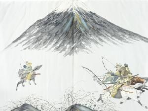 アンティーク　富士に狩猟模様肩裏本場泥大島紬100亀甲男物羽織